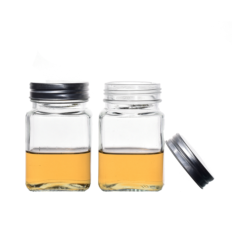 KDG Glassware Factory Square Shape Glass Jares de almacenamiento de alimentos vacíos Jares de mermelada de miel de 380 ml