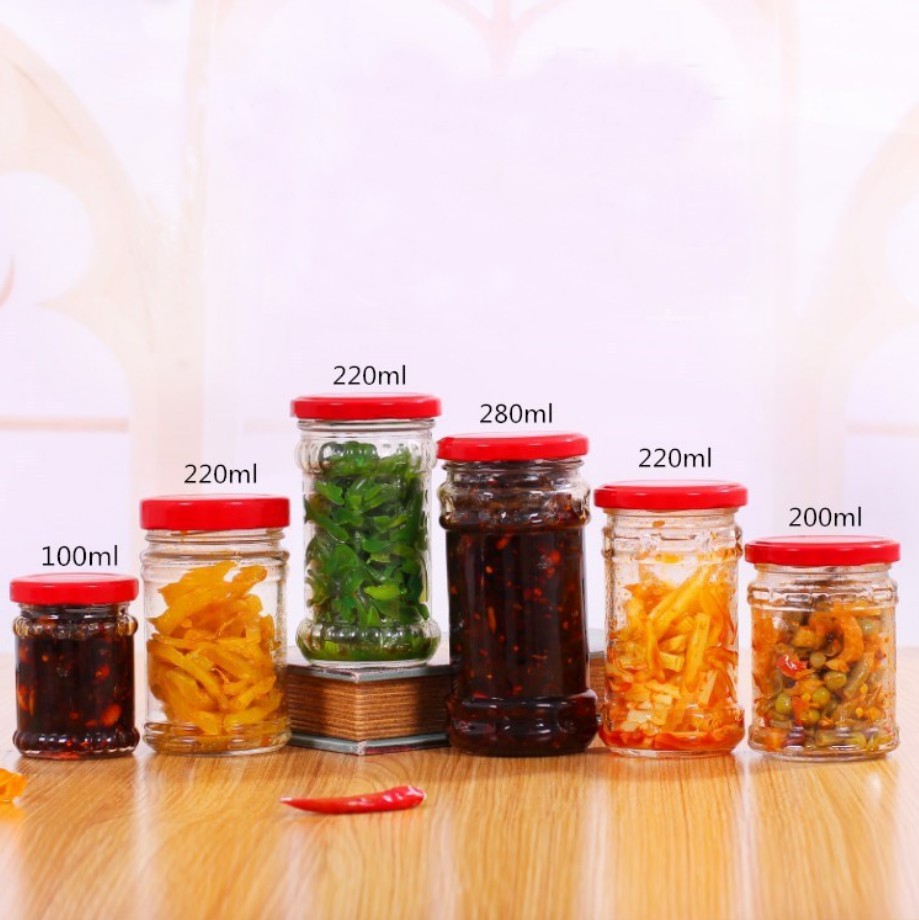 Tarros de embalaje de vidrio de cilindro de 220 ml para salsa de chile