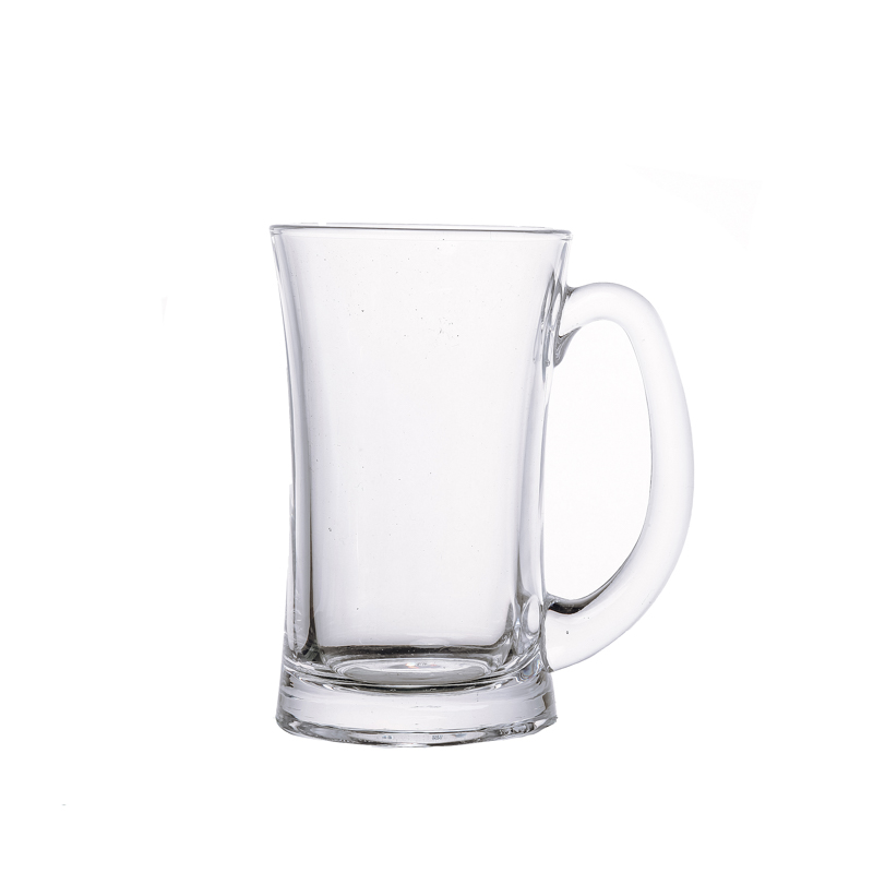 Venta caliente 380 ml Cazas de vidrio de pedernal nórdico con mango para bebidas de cerveza