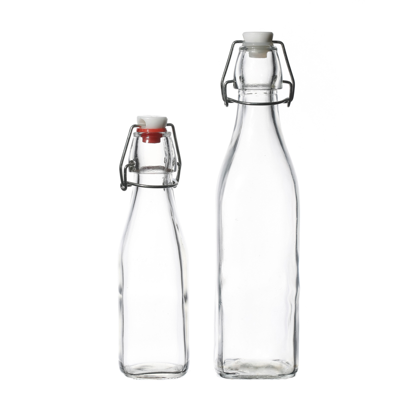 Botellas de bebidas de vidrio de 250 ml al por mayor botellas de leche de agua con tapas colgantes