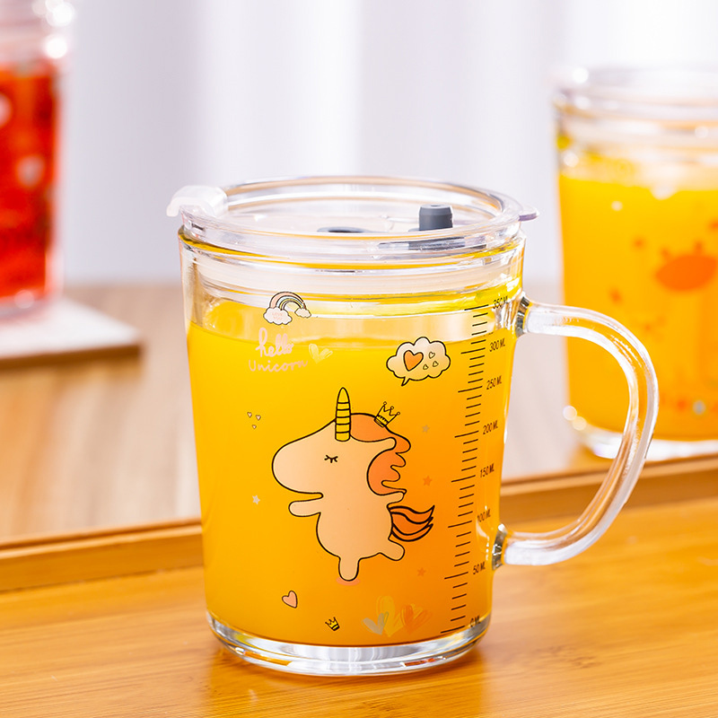 Tazas de vidrio impresas de alta calidad de 350 ml con mango para niños