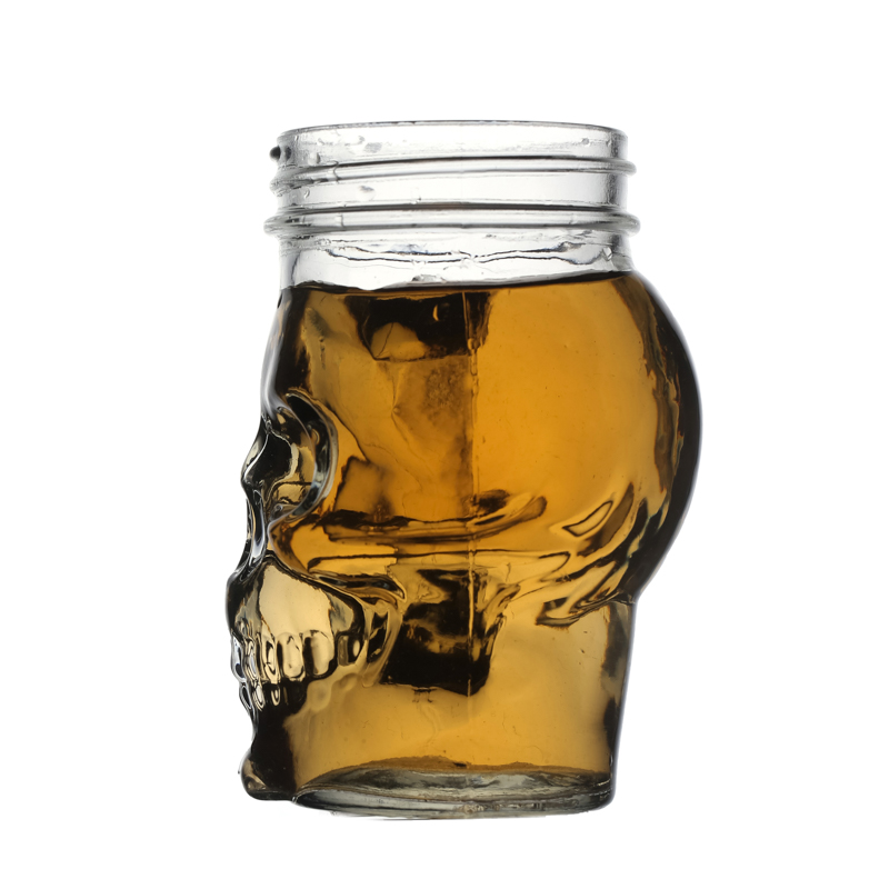 Cazas de bebidas de cerveza de vidrio con forma de cráneo de 300 ml con tapa de tornillo